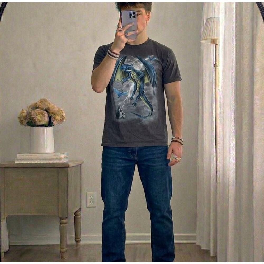 DOM Dragon Graphic Tee 2XL Dark Gray Fantasy Lightning Castle Shirt